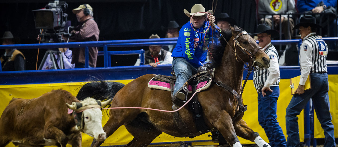 Coleman Proctor team roping on a horse at the National Finals Rodeo (NFR).